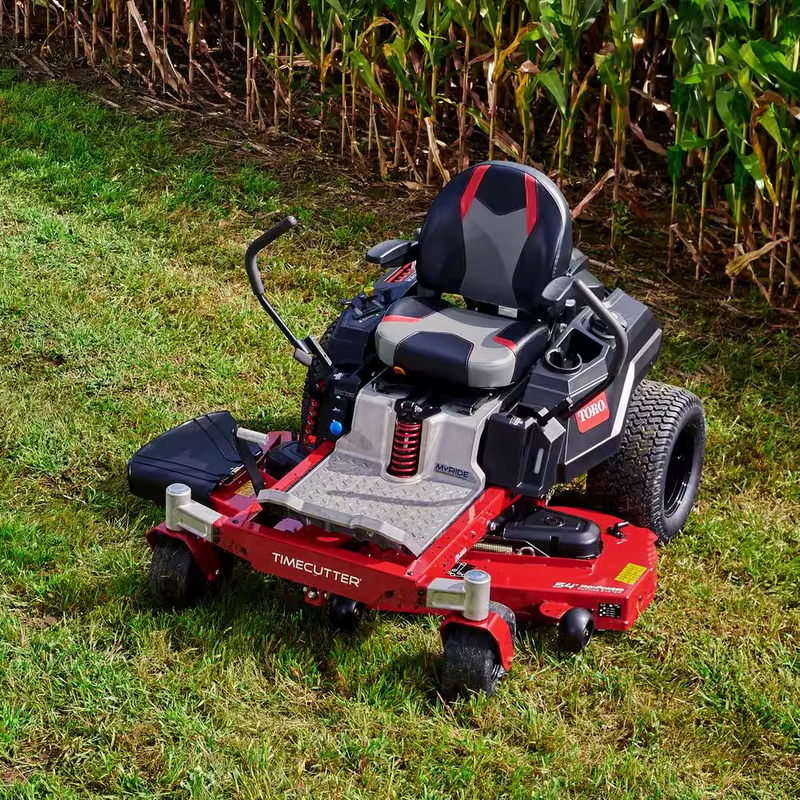 Discover the Timecutter 54" Zero Turn Riding Mower: Powered by a 23 HP Kawasaki V-Twin Engine and featuring a rugged Ironforged Deck with Myride Comfort System – Ideal for Effortless Lawn Care!